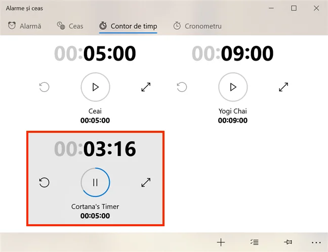 Cortana's Timer afișat în Alarme și ceas