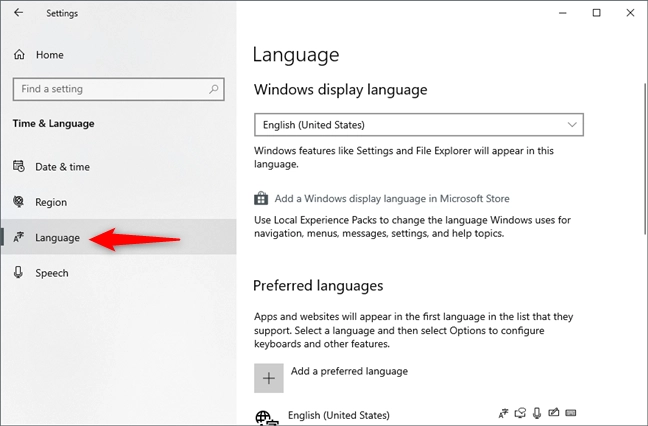 Pagina Language din Setările Windows 10