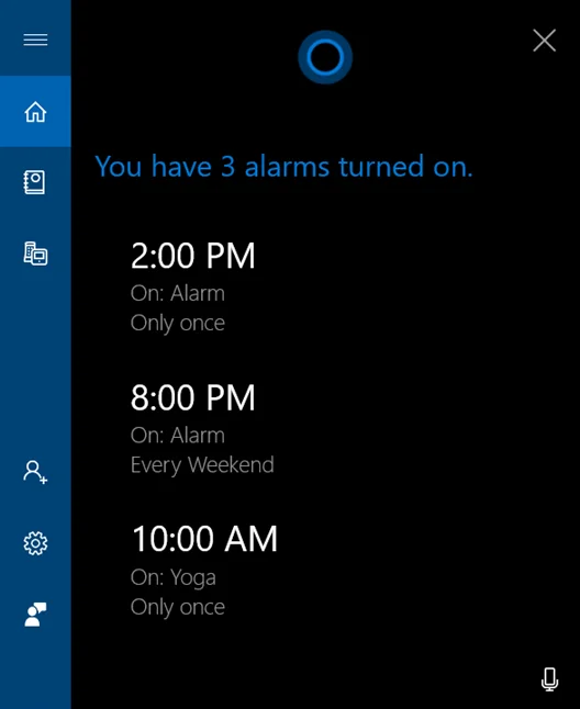 Cortana arată alarmele active