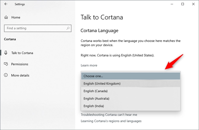 Alegerea unei alte limbi pentru Cortana