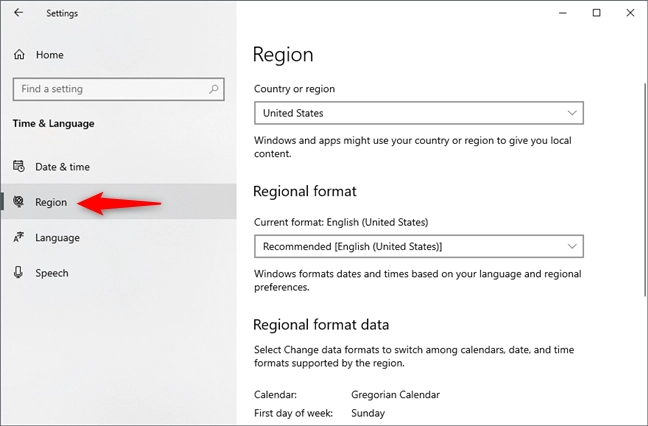 Pagina Region din Setările Windows 10