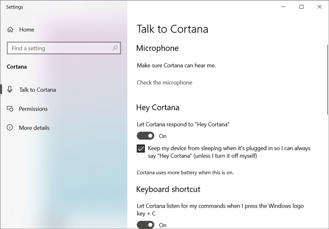 Pagina Talk to Cortana (Vorbește cu Cortana) din Setările Windows 10