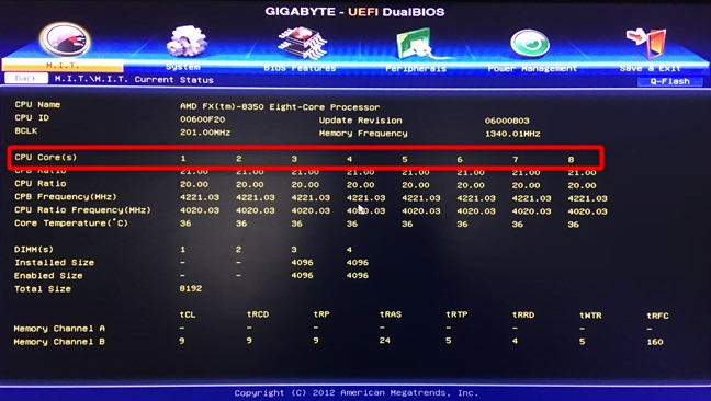 Numărul de nuclee de pe un procesor, afișat în UEFI BIOS