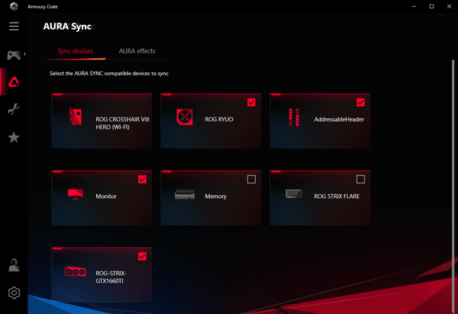 Armoury Crate: Settings available for AURA Sync