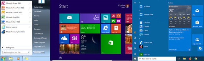 Evolutia Meniului Start de la Windows 7 la Windows 8 și la Windows 10