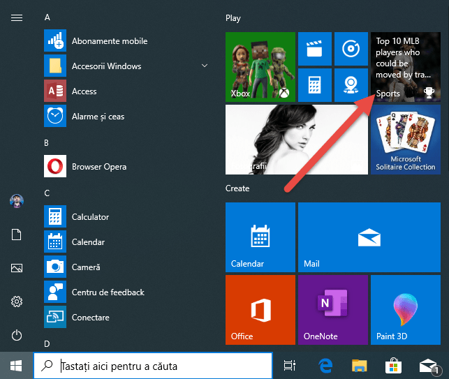 Dala aplicației Sports din Windows 10