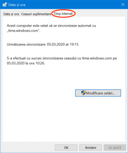 Accesează Timp internet în fereastra Data și ora