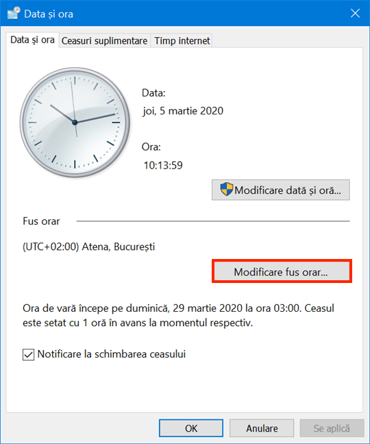 Apasă Modificare fus orar