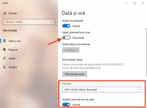 Dezactivează comutatorul pentru a configura setările fusului orar