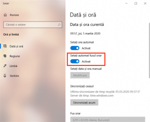 Comutatorul Setați automat fusul orar