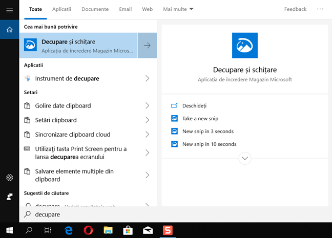 Folosește căutarea din Windows 10 pentru a găsi Decupare și schițare
