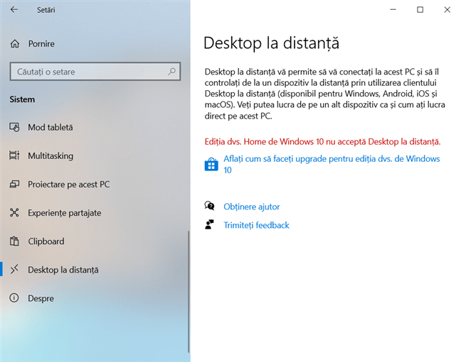 Ediția dvs. Home de Windows 10 nu acceptă Desktop la distanță