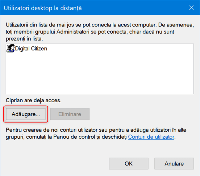 Dă clic pe Adăugare pentru a adăuga un cont pentru Desktop la distanță