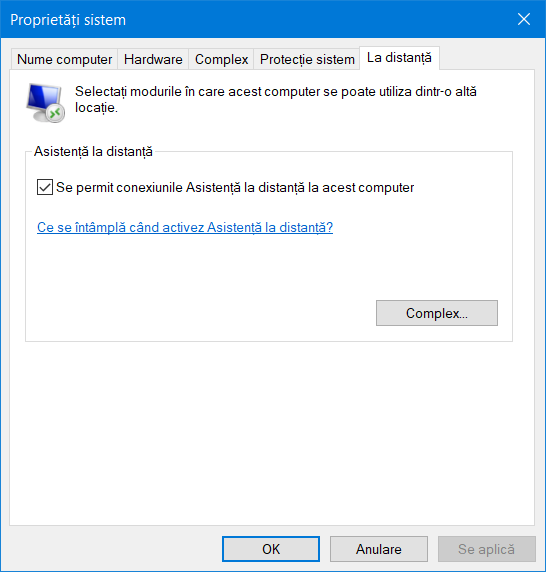 Setările pentru Desktop la distanță lipsesc din Proprietăți sistem