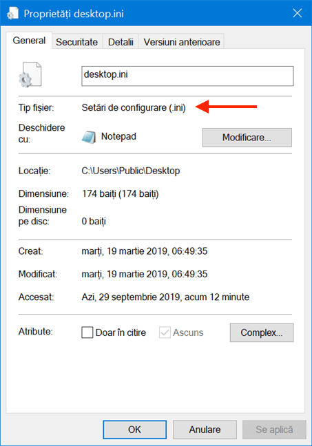 Proprietățile unui fișier desktop.ini