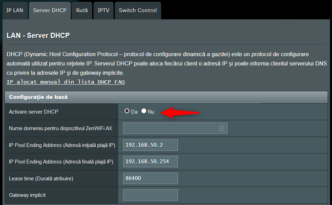 Server DHCP activ pe un router
