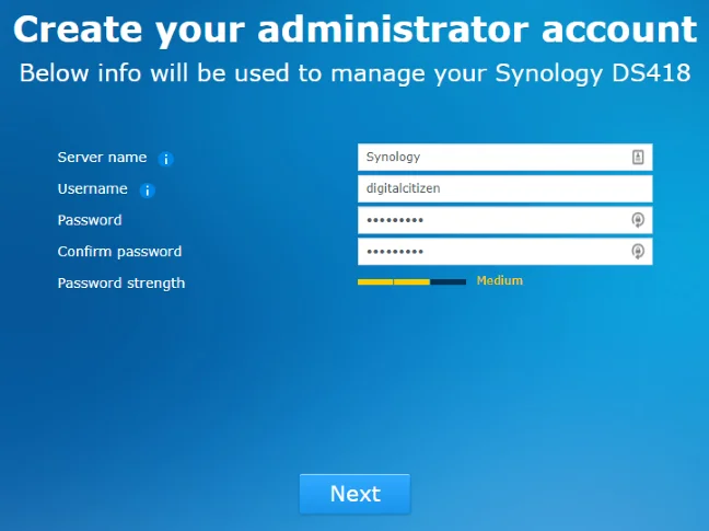 Crearea contului de administrator pentru Synology DiskStation DS418