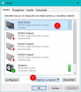 Alegerea dispozitivul de redare audio în fereastra Sunet