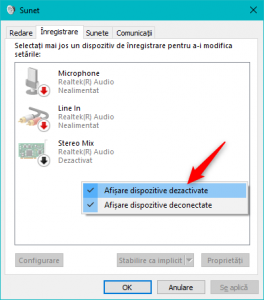 Afișarea dispozitivelor deconectate sau dezactivate în fereastra Sunet