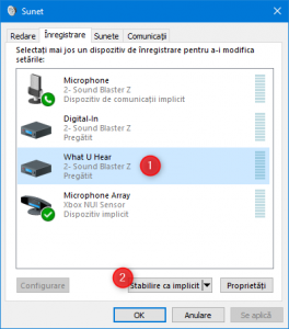 Setarea dispozitivul de înregistrare implicit, în fereastra Sunet