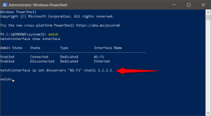 Comanda interface ip set dnsservers setează un server DNS nou