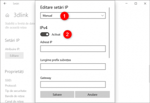 Setările IP sunt setate pe Manual, iar comutatorul IPv4 este activat