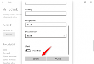 Salvarea noilor setări pentru serverele DNS