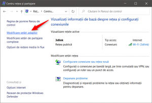 Legătura Modificare setări adaptor din Centrul de rețea și partajare