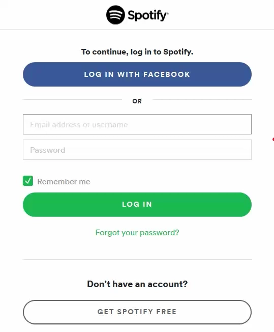 Autentificare Spotify: sunt cerute un nume de utilizator și o parolă