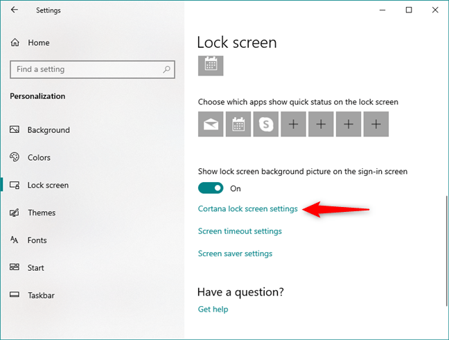 Legătura către setările Cortana pentru ecranul de blocare