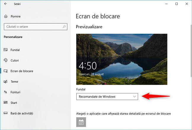 Opțiunea Recomandate de Windows din lista Fundal