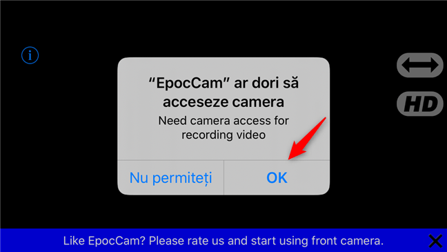 Permisiunea EpocCam de a accesa camera de pe un iPhone