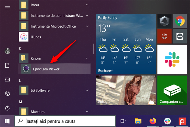 Scurtătura EpocCam Viewer din Meniul Start