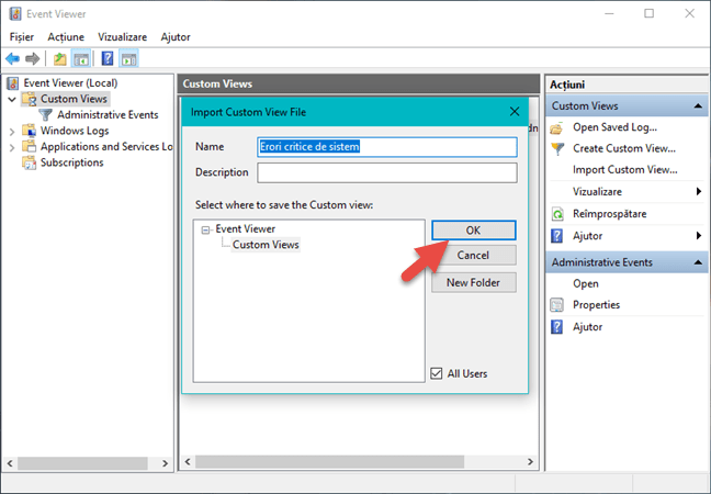 Custom Views, Event Viewer, Vizualizari personalizate, Windows