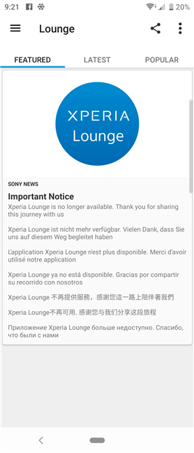 Xperia Lounge este o aplicație preinstalată, dar care nu funcționează