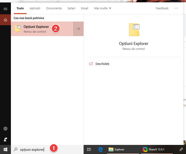 Caută Opțiuni Explorer în Windows 10