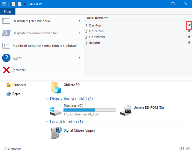 Meniul Fișier din File Explorer - fixează folderele frecvent accesate