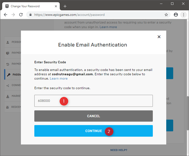 Introducerea codului de securitate primit prin email