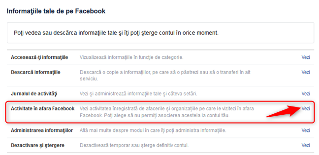 Opțiunea de a îți vedea activitatea în afara Facebook