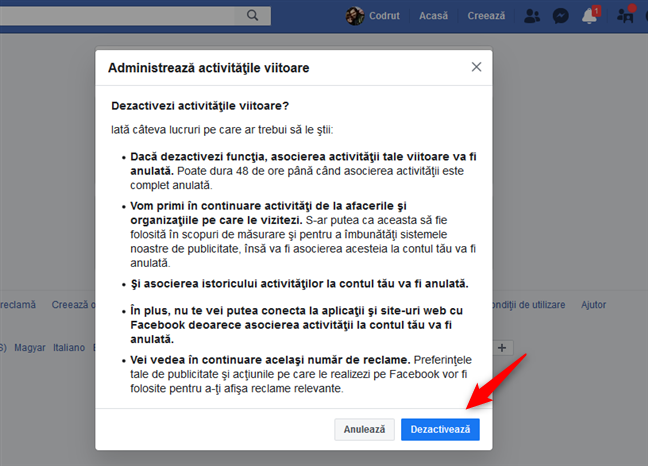 Confirmarea că vrei să dezactivezi activitățile viitoare din afara Facebook