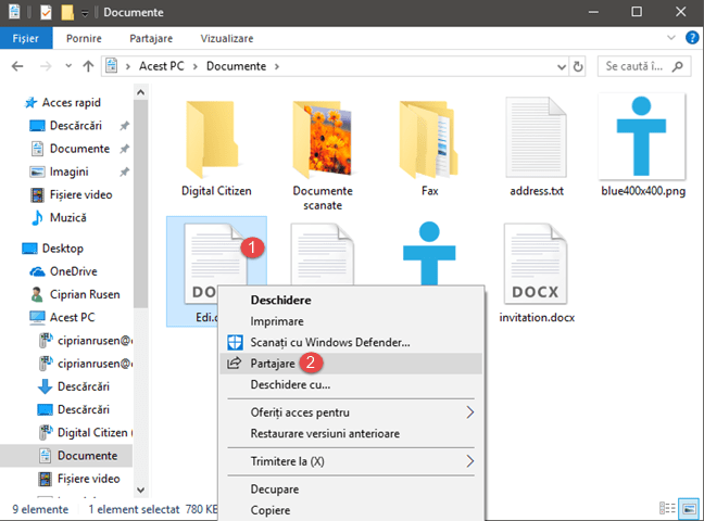 File Explorer, Windows 10, partajare