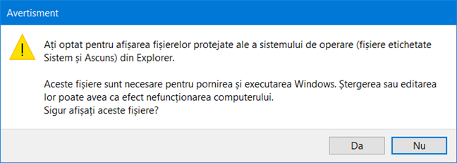 Avertismentul oferit de Windows 10