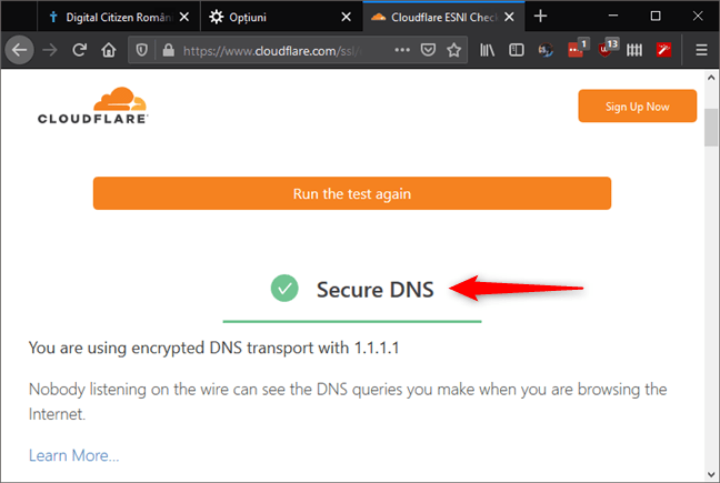 Mesajul pe care îl primești de la Cloudflare atunci când folosești DNS prin HTTPS