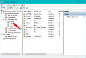 Folderele partajate pot fi văzute în secțiunea Shares din Gestionare computer
