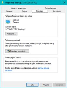 Setări de partajare și permisiuni ale unui folder