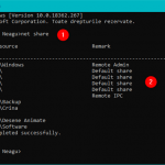 Comanda net share afișează lista de foldere partajate
