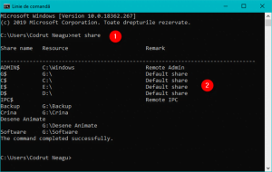 Comanda net share afișează lista de foldere partajate