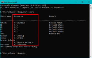 Comanda net share îți spune calea fiecărui folder partajat