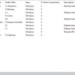Pentru fiecare folder partajat, poți vedea numele său de partajare, calea, tipul, etc.