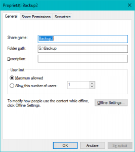 Proprietățile unui folder partajat